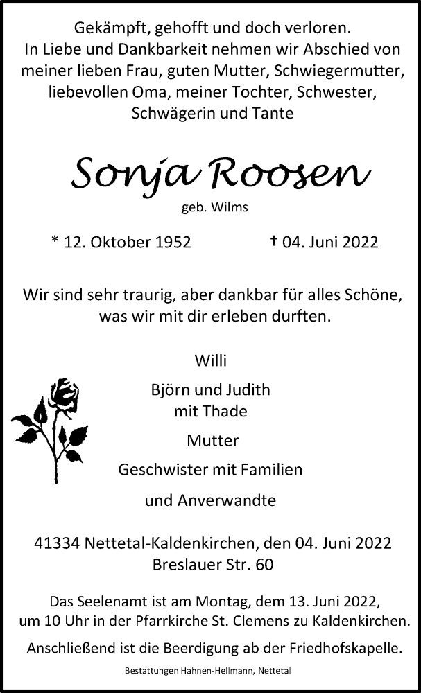 Traueranzeige für Sonja Roosen vom 11.06.2022 aus Rheinische Post