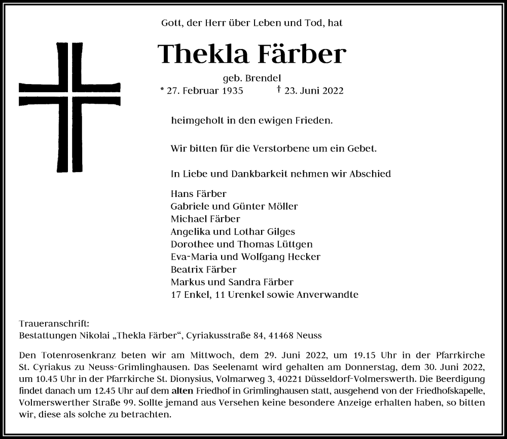  Traueranzeige für Thekla Färber vom 25.06.2022 aus Rheinische Post