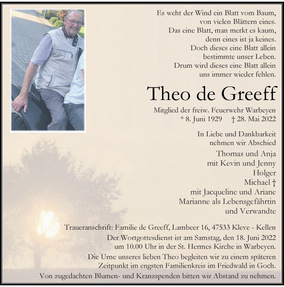  Traueranzeige für Theo de Greeff vom 11.06.2022 aus Rheinische Post