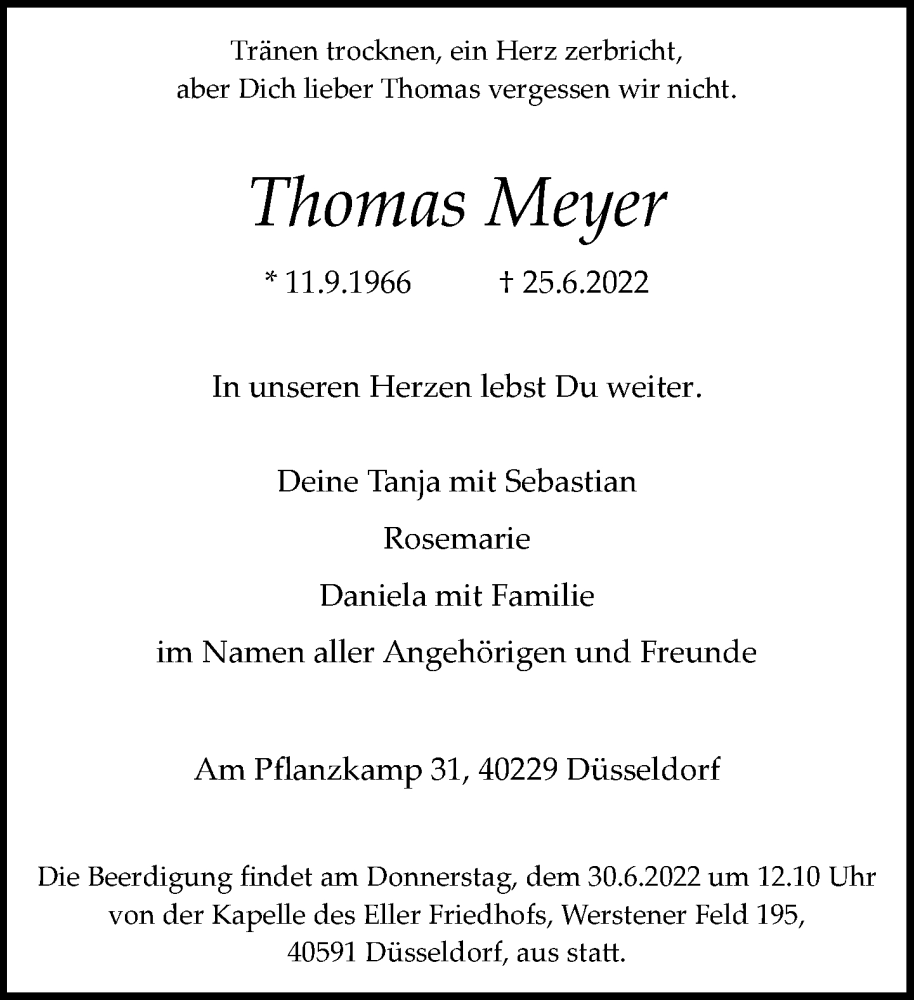  Traueranzeige für Thomas Meyer vom 29.06.2022 aus Rheinische Post
