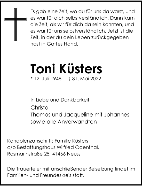 Traueranzeige von Toni Küsters von Rheinische Post