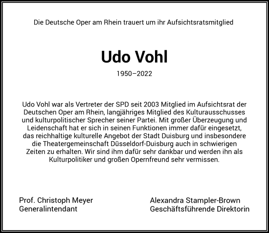 Traueranzeige von Udo Vohl von Rheinische Post