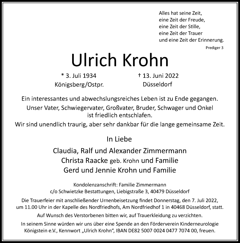  Traueranzeige für Ulrich Krohn vom 25.06.2022 aus Rheinische Post