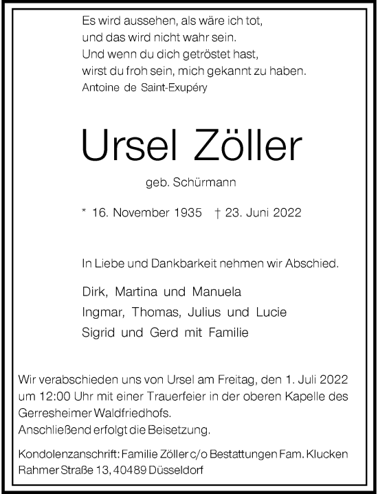 Traueranzeige von Ursel Zöller von Rheinische Post