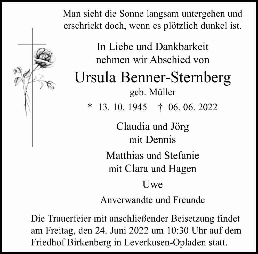  Traueranzeige für Ursula Benner-Sternberg vom 18.06.2022 aus Rheinische Post