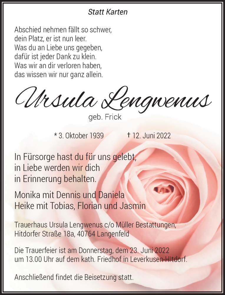  Traueranzeige für Ursula Lengwenus vom 18.06.2022 aus Rheinische Post