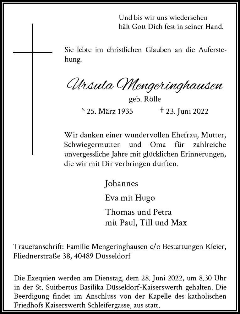  Traueranzeige für Ursula Mengeringhausen vom 25.06.2022 aus Rheinische Post