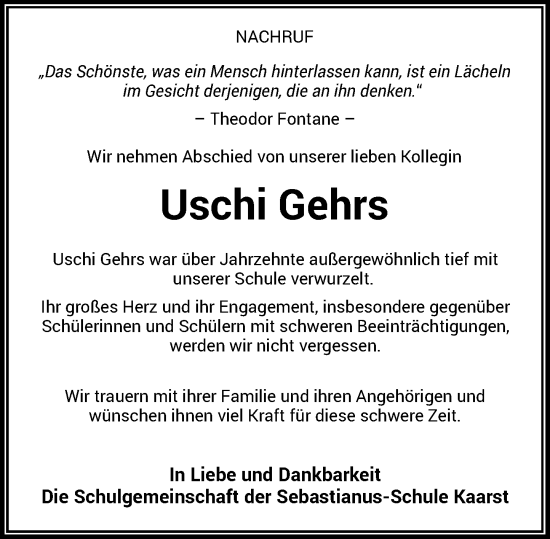 Traueranzeige von Uschi Gehrs von Rheinische Post