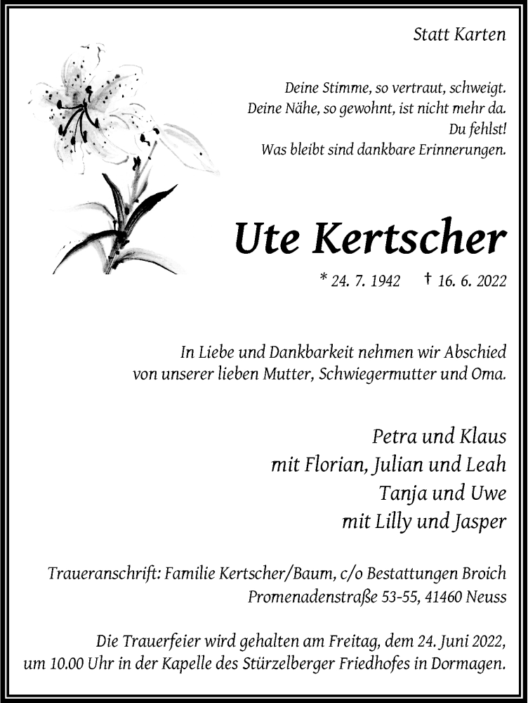  Traueranzeige für Ute Kertscher vom 22.06.2022 aus Rheinische Post