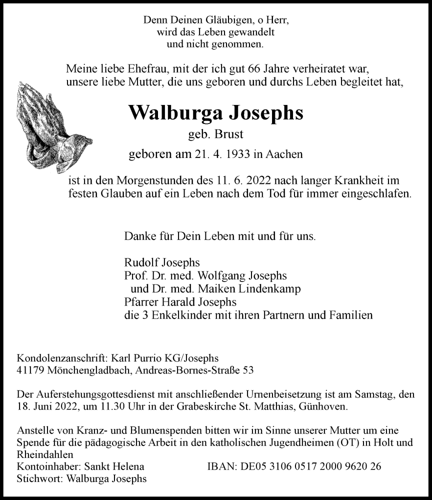  Traueranzeige für Walburga Josephs vom 16.06.2022 aus Rheinische Post