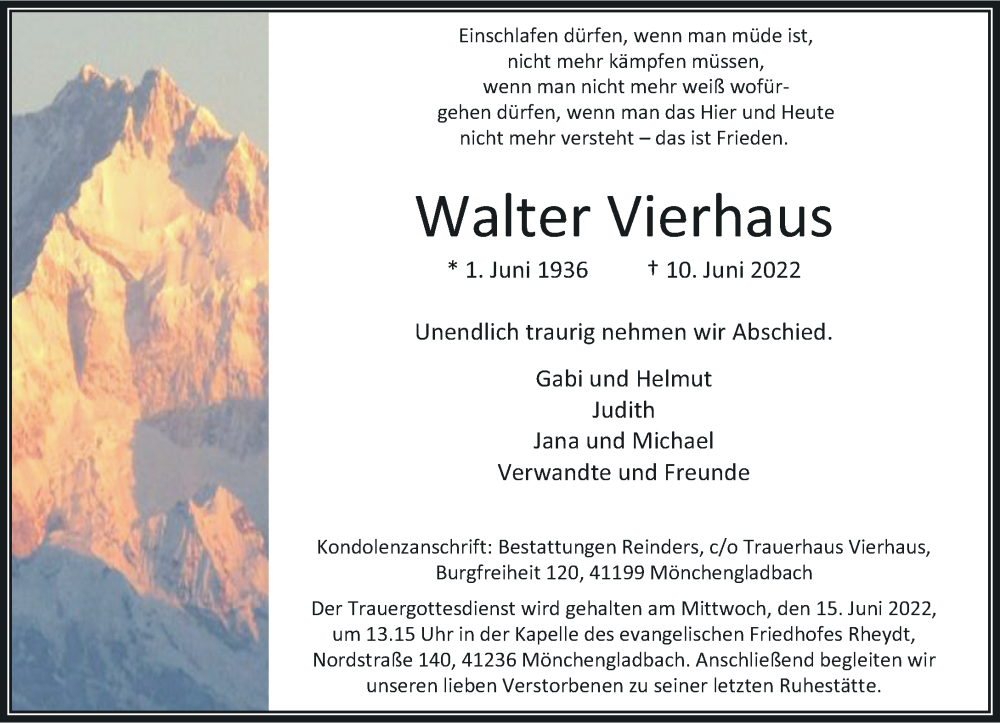  Traueranzeige für Walter Vierhaus vom 14.06.2022 aus Rheinische Post