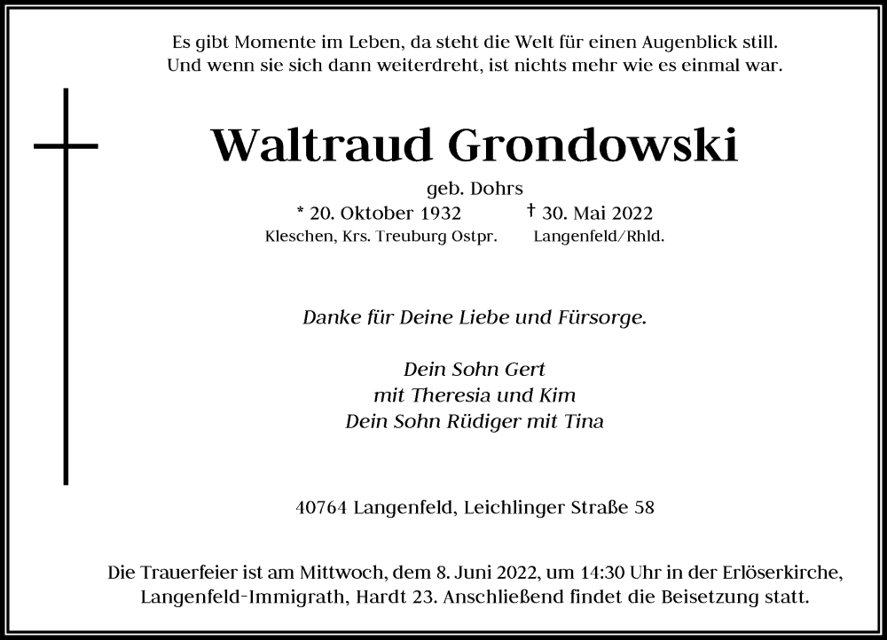  Traueranzeige für Waltraud Grondowski vom 04.06.2022 aus Rheinische Post