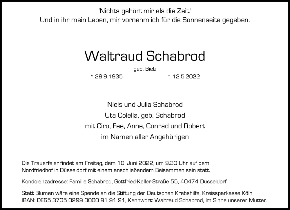  Traueranzeige für Waltraud Schabrod vom 04.06.2022 aus Rheinische Post