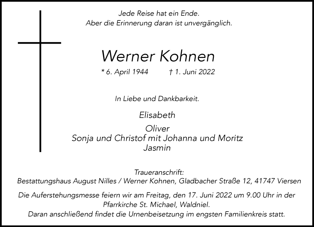  Traueranzeige für Werner Kohnen vom 11.06.2022 aus Rheinische Post