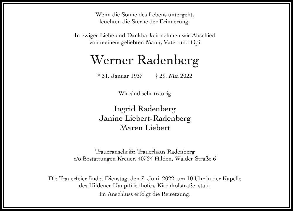  Traueranzeige für Werner Radenberg vom 04.06.2022 aus Rheinische Post