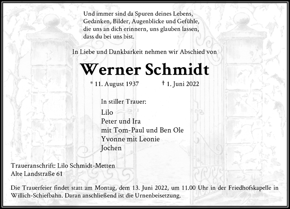  Traueranzeige für Werner Schmidt vom 11.06.2022 aus Rheinische Post