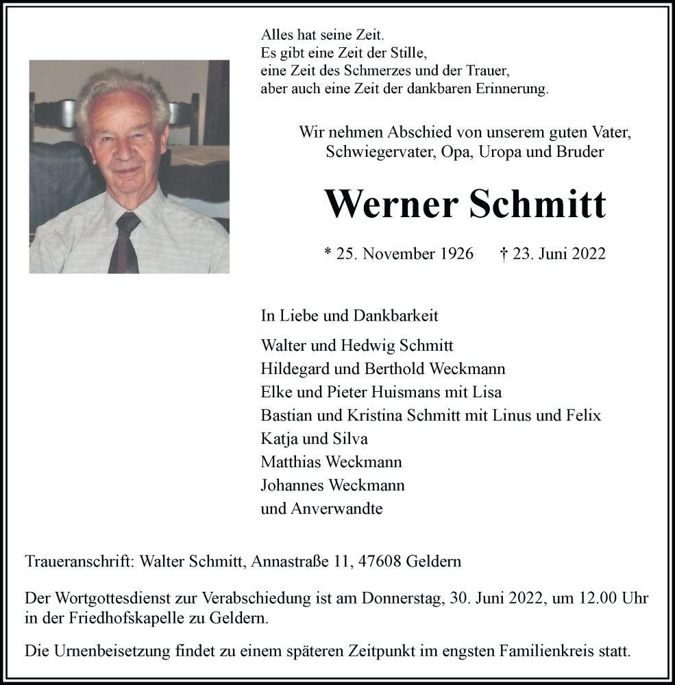  Traueranzeige für Werner Schmitt vom 27.06.2022 aus Rheinische Post