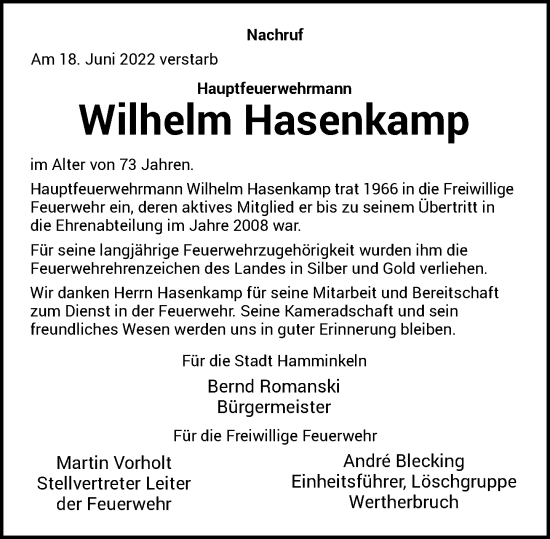 Traueranzeige von Wilhelm Hasenkamp von Rheinische Post