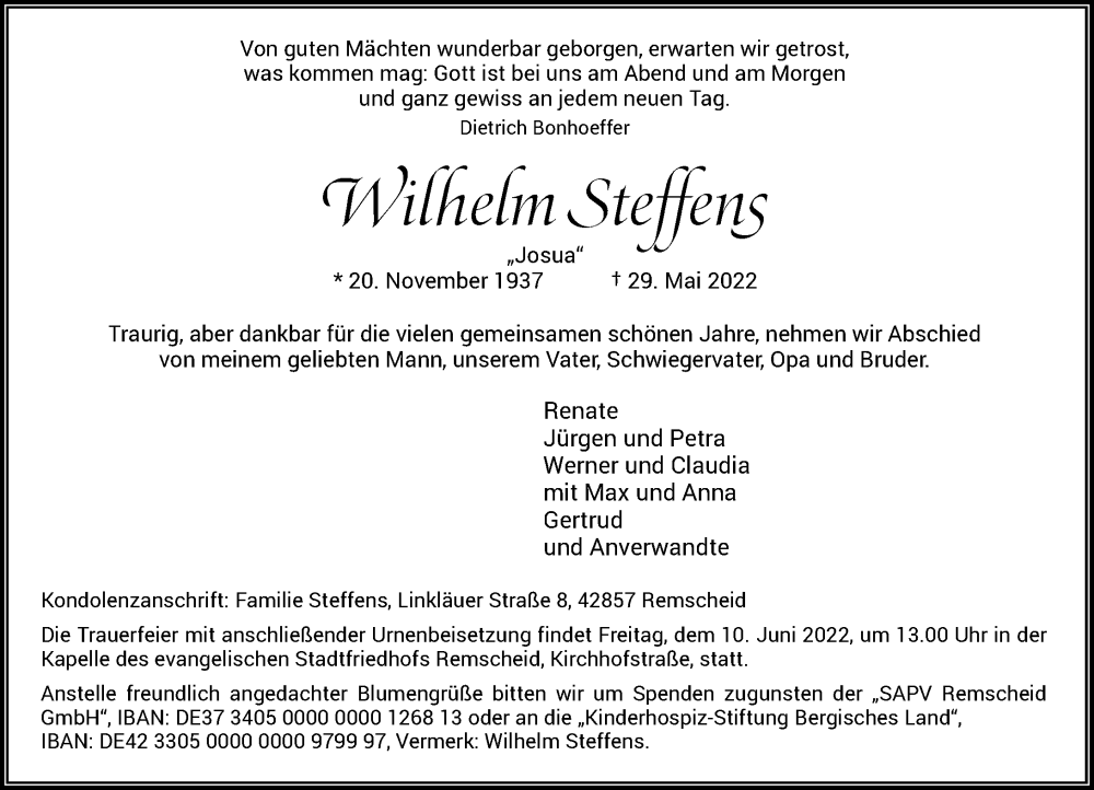  Traueranzeige für Wilhelm Steffens vom 04.06.2022 aus Rheinische Post