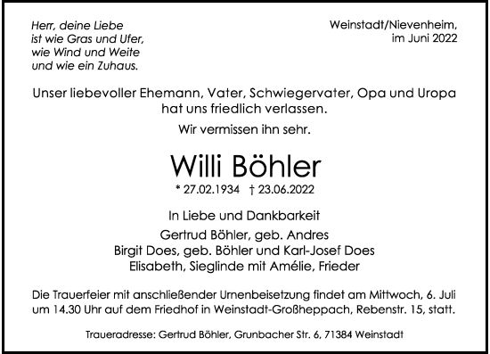 Traueranzeige von Willi Böhler von Rheinische Post