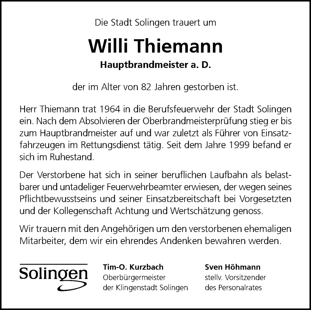  Traueranzeige für Willi Thiemann vom 11.06.2022 aus Rheinische Post