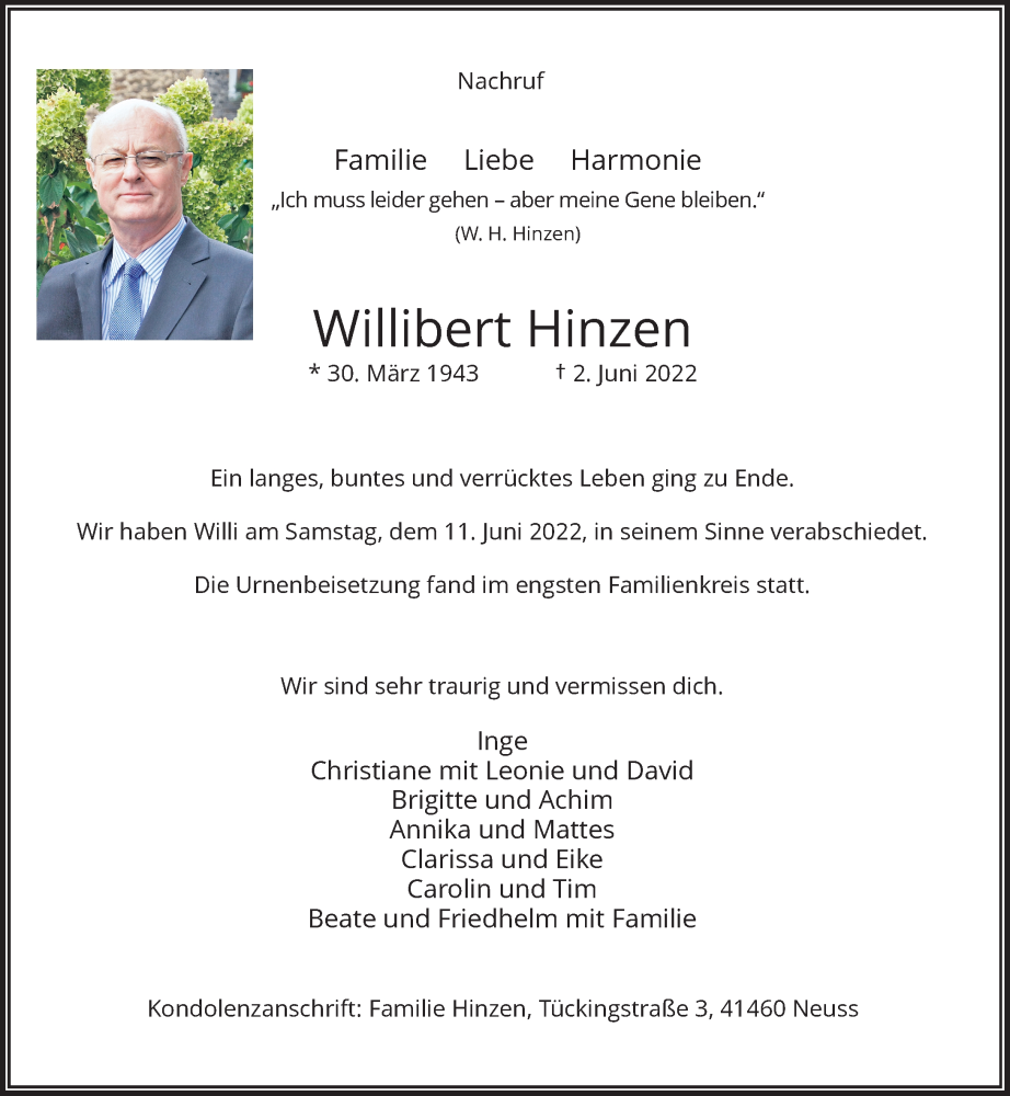  Traueranzeige für Willibert Hinzen vom 25.06.2022 aus Rheinische Post