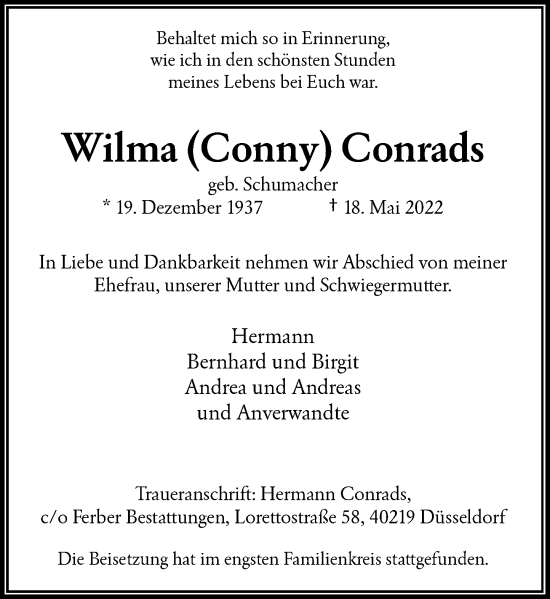 Traueranzeige von Wilma Conrads von Rheinische Post