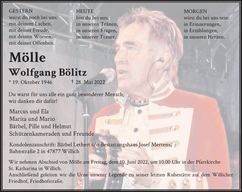  Traueranzeige für Wolfgang Bölitz vom 04.06.2022 aus Rheinische Post