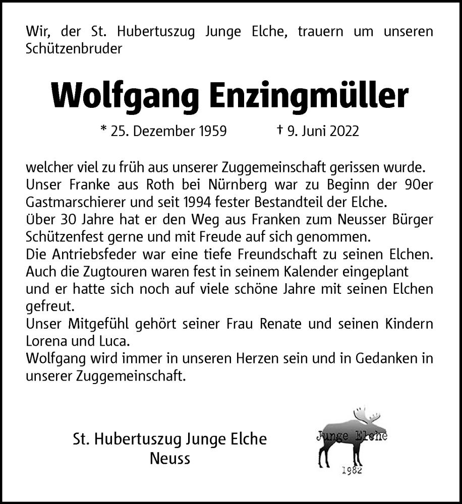  Traueranzeige für Wolfgang Enzingmüller vom 18.06.2022 aus Rheinische Post