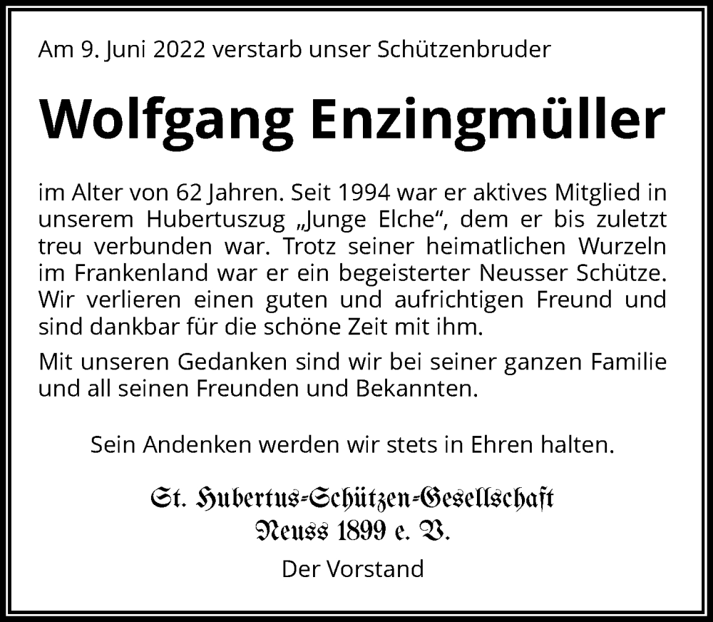  Traueranzeige für Wolfgang Enzingmüller vom 18.06.2022 aus Rheinische Post