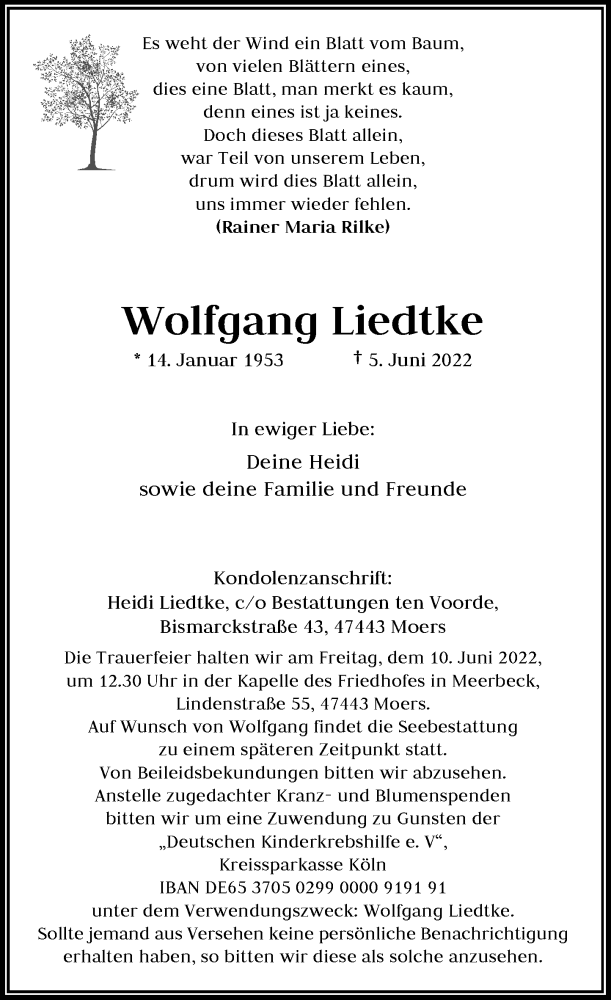  Traueranzeige für Wolfgang Liedtke vom 08.06.2022 aus Rheinische Post