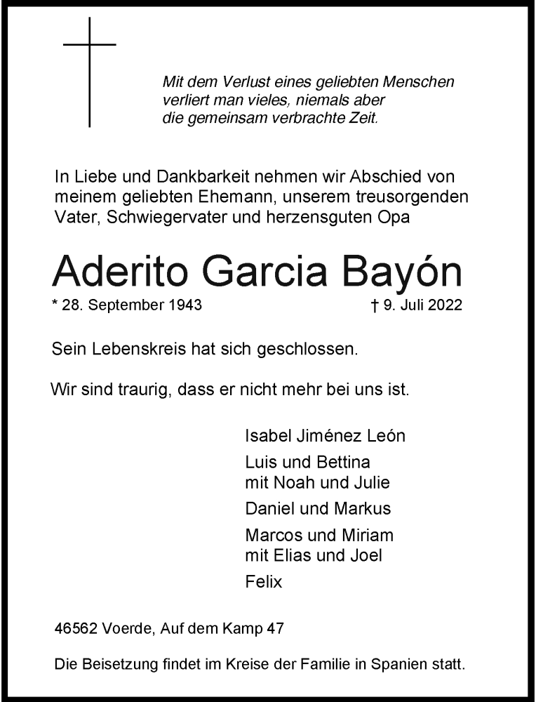  Traueranzeige für Aderito Garcia Bayón vom 16.07.2022 aus Rheinische Post