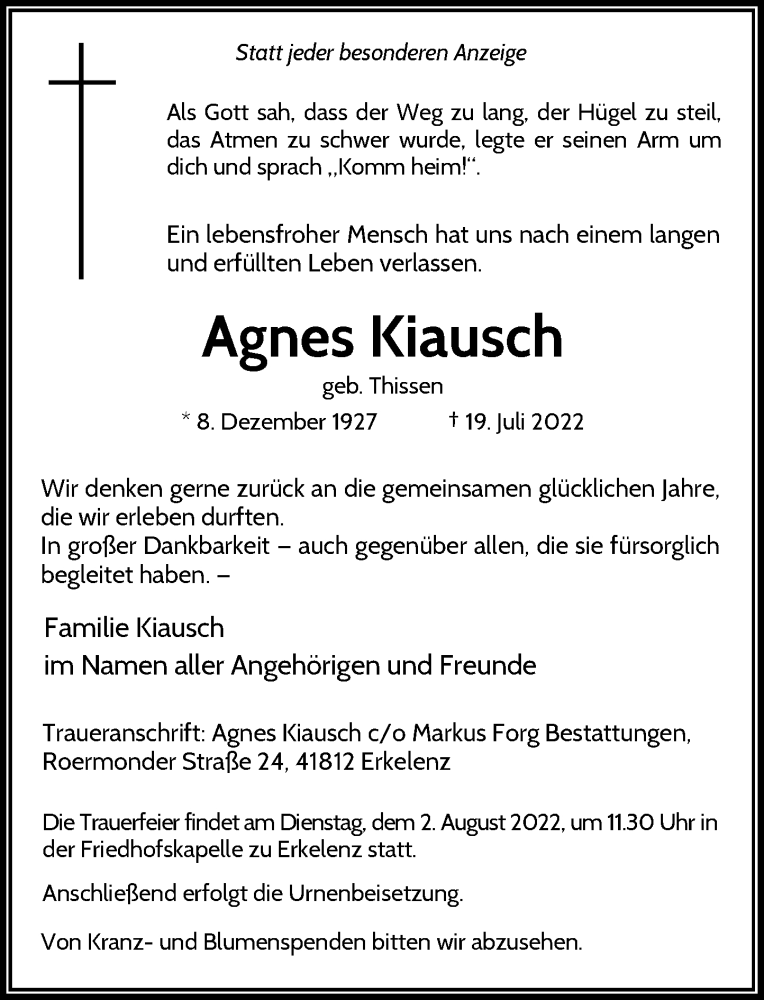 Traueranzeige für Agnes Kiausch vom 23.07.2022 aus Rheinische Post