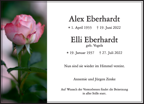 Traueranzeige von Alex und Elli Eberhardt von Rheinische Post