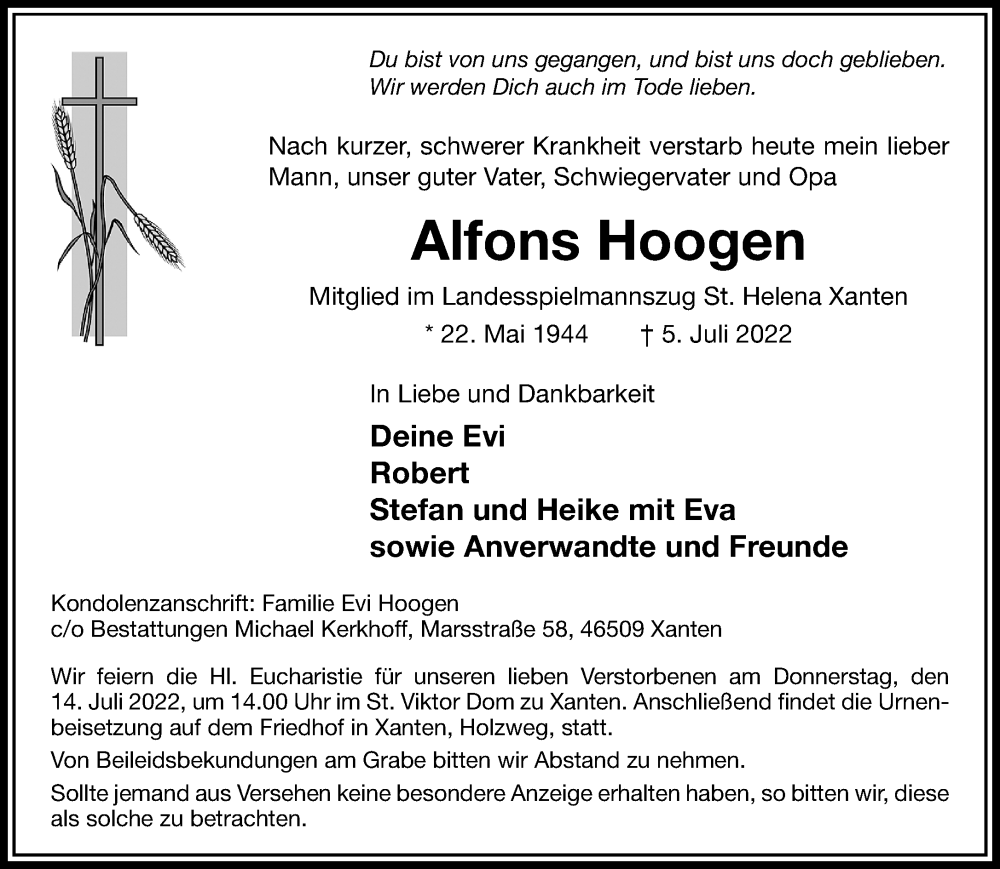  Traueranzeige für Alfons Hoogen vom 12.07.2022 aus Rheinische Post