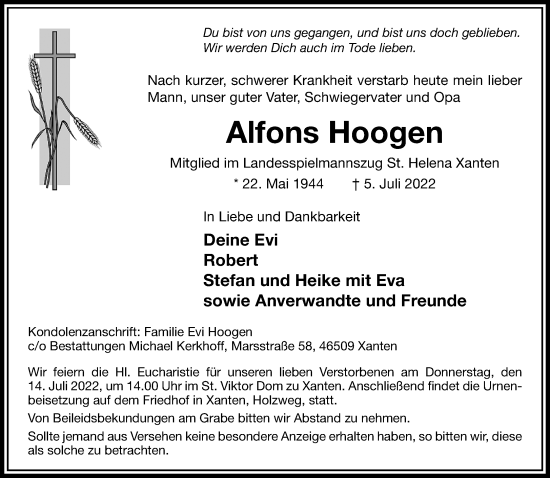 Traueranzeige von Alfons Hoogen von Rheinische Post