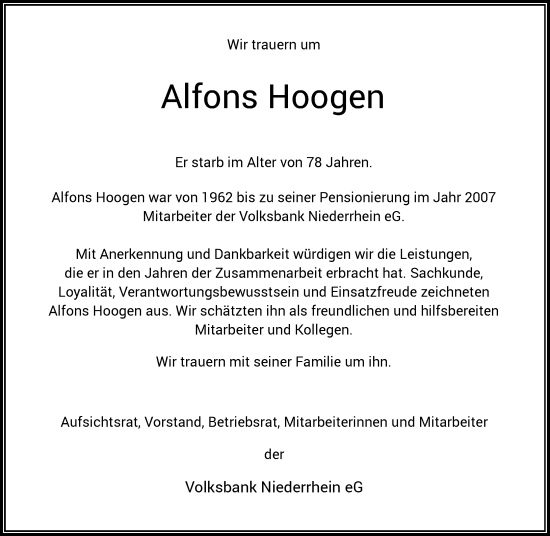 Traueranzeige von Alfons Hoogen von Rheinische Post