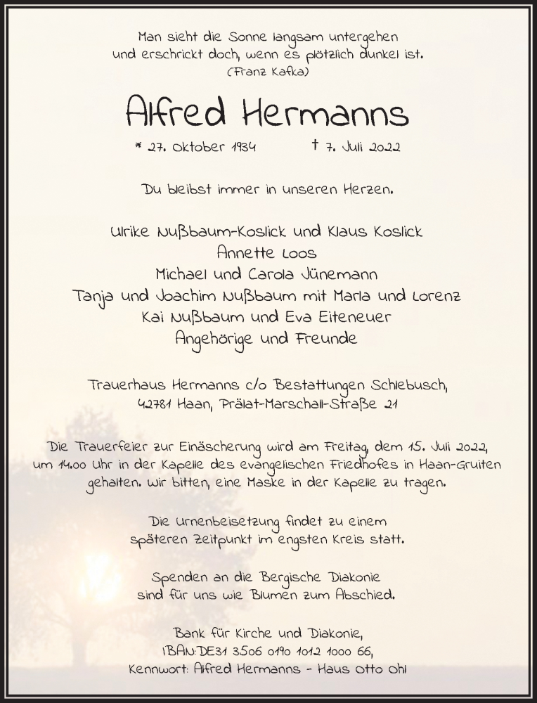  Traueranzeige für Alfred Hermanns vom 13.07.2022 aus Rheinische Post