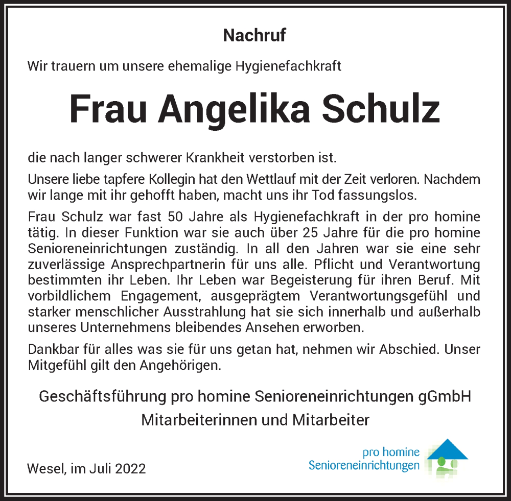  Traueranzeige für Angelika Schulz vom 27.07.2022 aus Rheinische Post