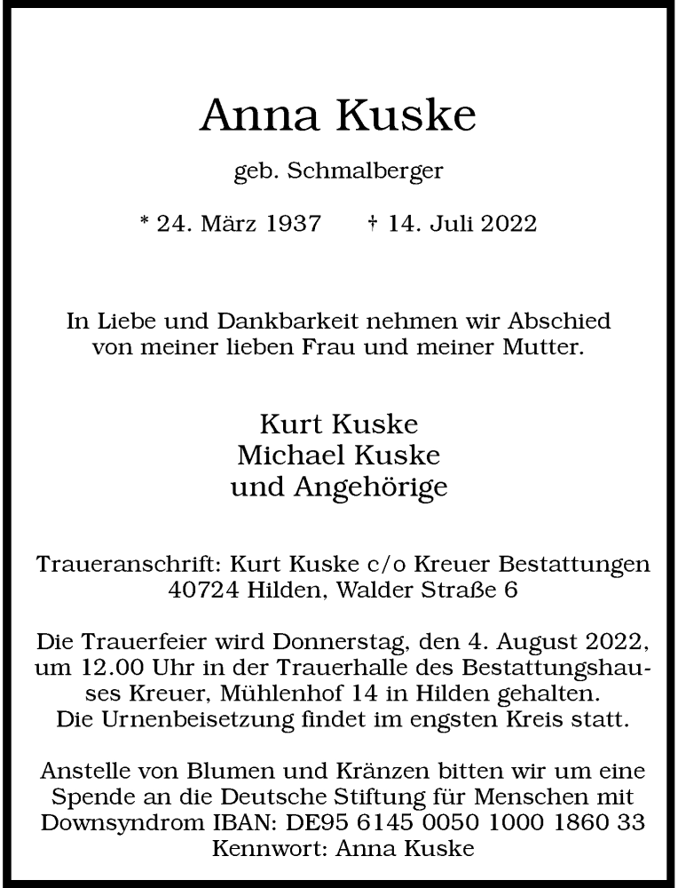  Traueranzeige für Anna Kuske vom 23.07.2022 aus Rheinische Post