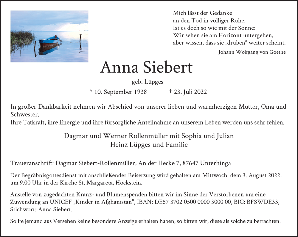  Traueranzeige für Anna Siebert vom 30.07.2022 aus Rheinische Post