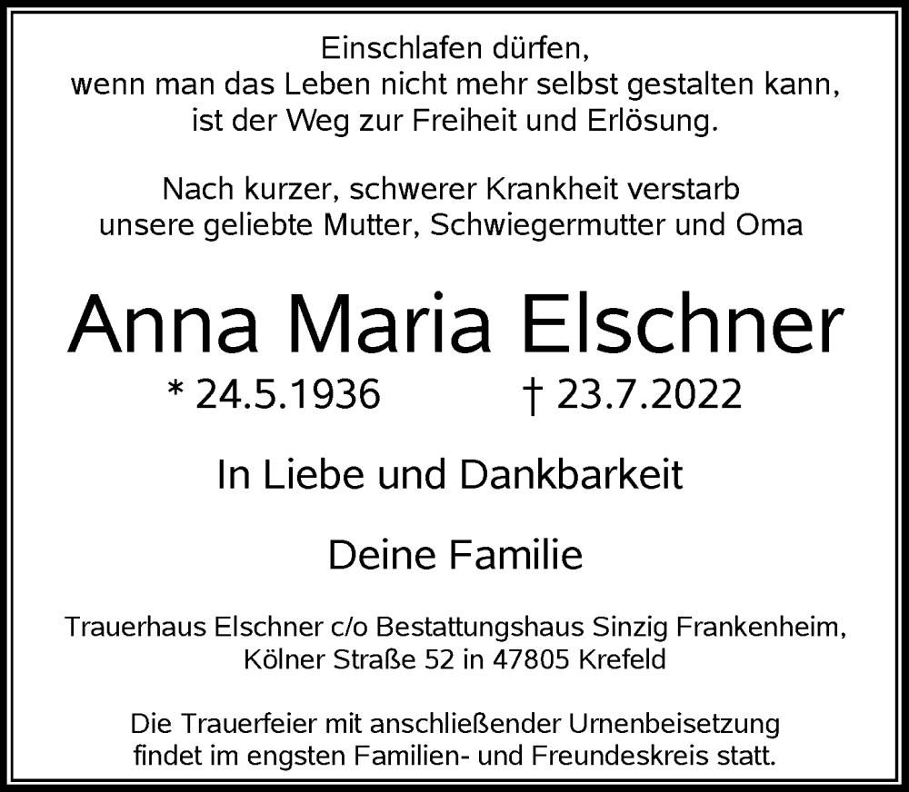  Traueranzeige für Anna Maria Elschner vom 30.07.2022 aus Rheinische Post