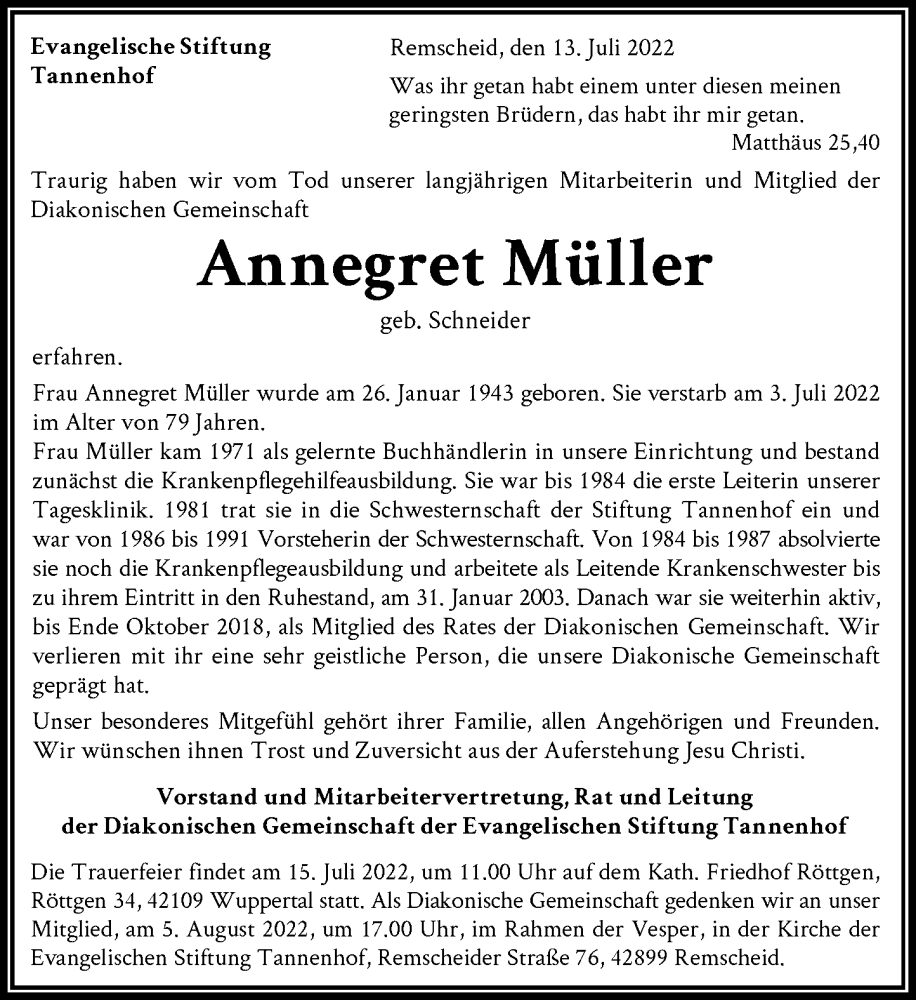  Traueranzeige für Annegret Müller vom 14.07.2022 aus Rheinische Post