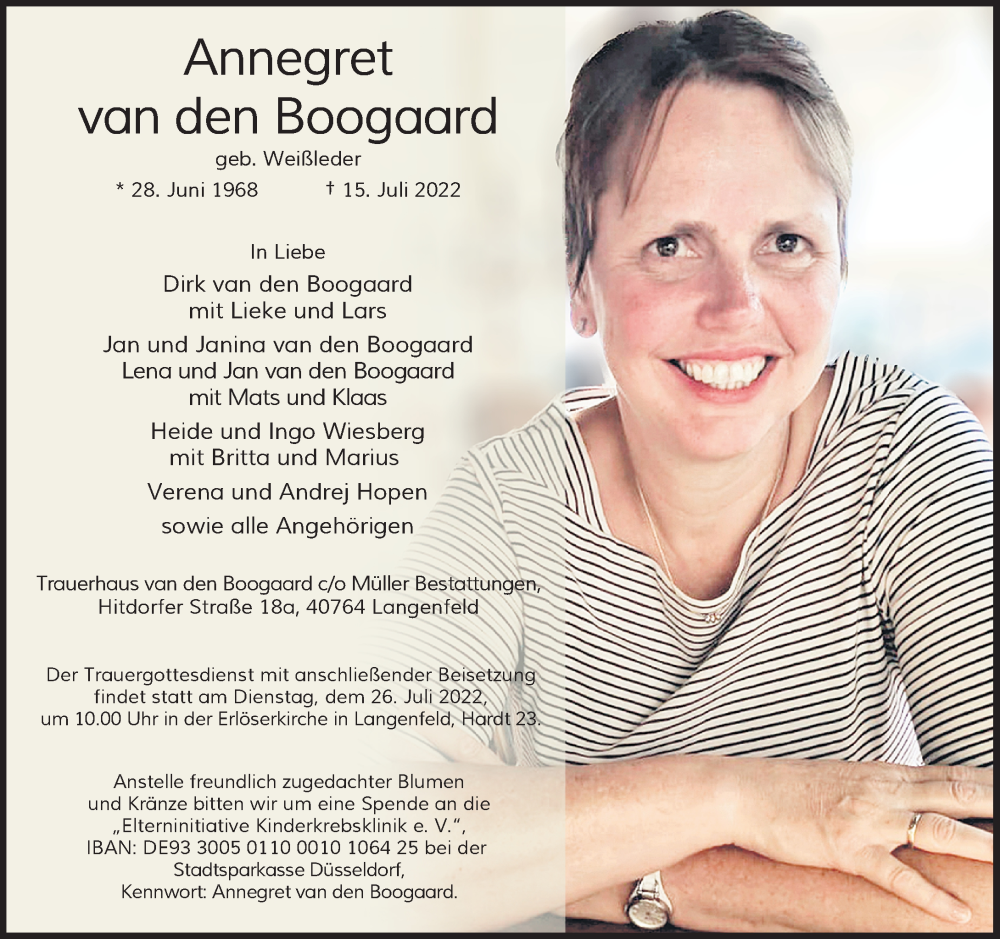  Traueranzeige für Annegret van den Boogaard vom 23.07.2022 aus Rheinische Post