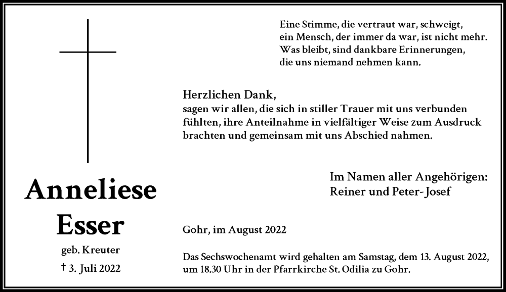  Traueranzeige für Anneliese Esser vom 06.08.2022 aus Rheinische Post