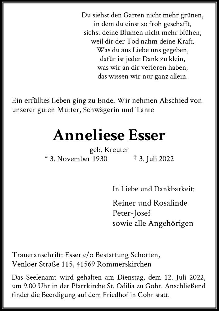  Traueranzeige für Anneliese Esser vom 09.07.2022 aus Rheinische Post