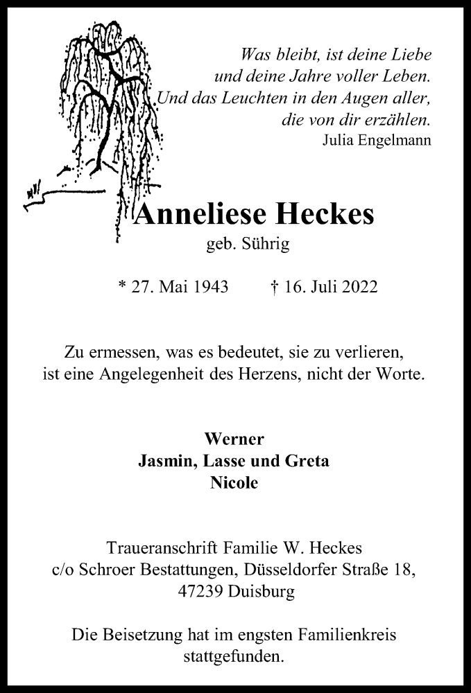  Traueranzeige für Anneliese Heckes vom 27.07.2022 aus Rheinische Post