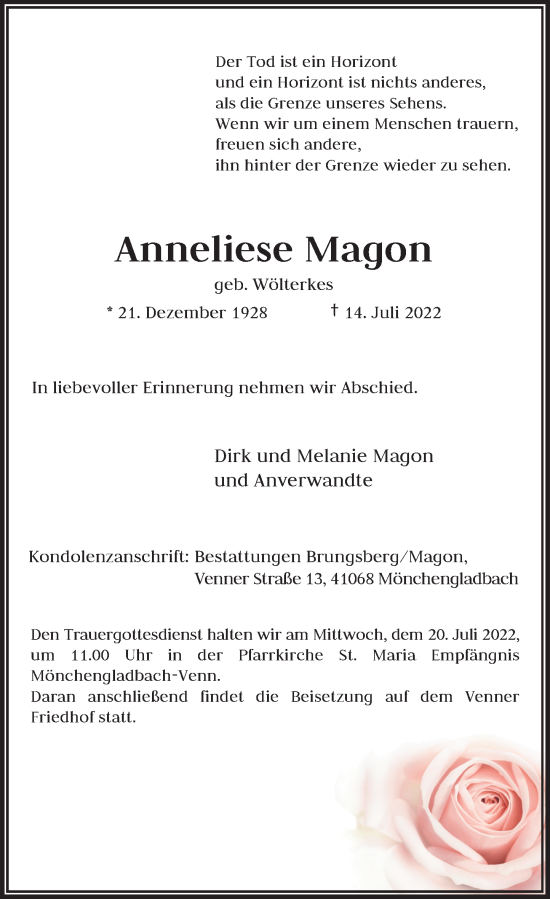 Traueranzeige von Anneliese Magon von Rheinische Post