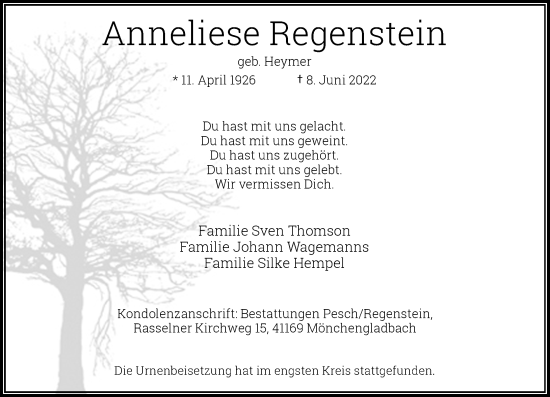 Traueranzeige von Anneliese Regenstein von Rheinische Post