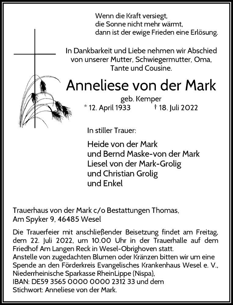  Traueranzeige für Anneliese von der Mark vom 20.07.2022 aus Rheinische Post